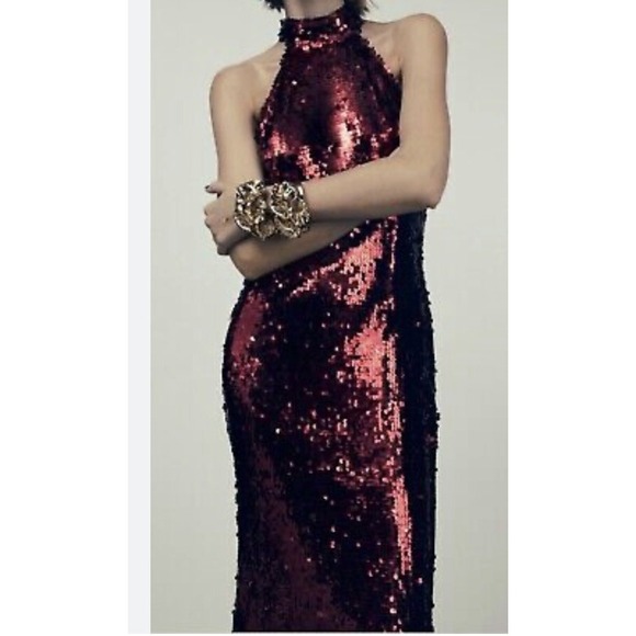 ZARA WOMAN LONG SEQUINED DRESS HALTER M Red REF: 9287/600/641 Holiday - Picture 2 of 7
